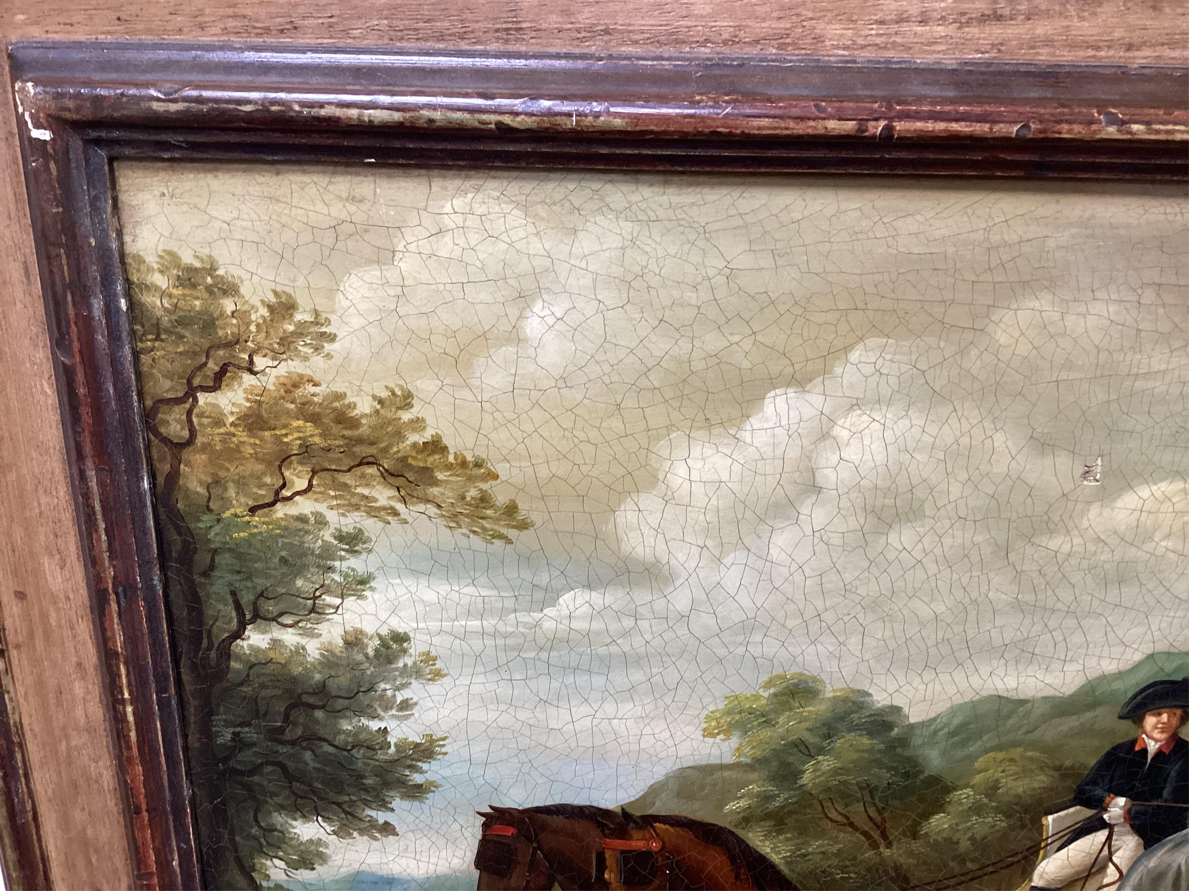 19th century, oil on canvas, Horse drawn carriage, unsigned, 39 x 49cm. Condition - poor